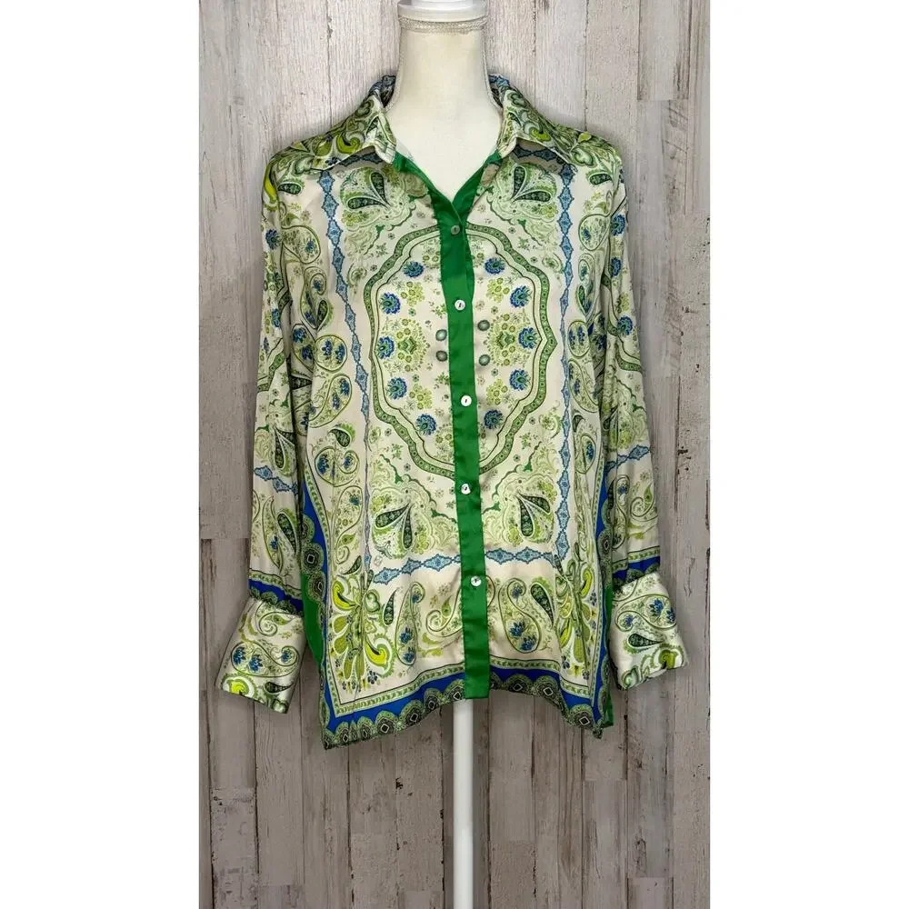 Zara Women's Paisley Print Button-Up Blouse Green Blue Size Small - Picture 2 of 6